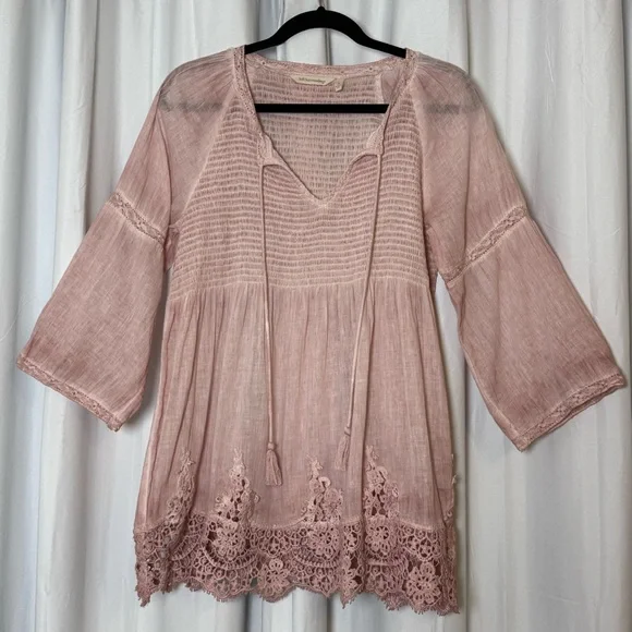 Soft Surroundings Smocked Lace Hem Peasant Blouse Pink Cotton Top Small - Picture 4 of 12
